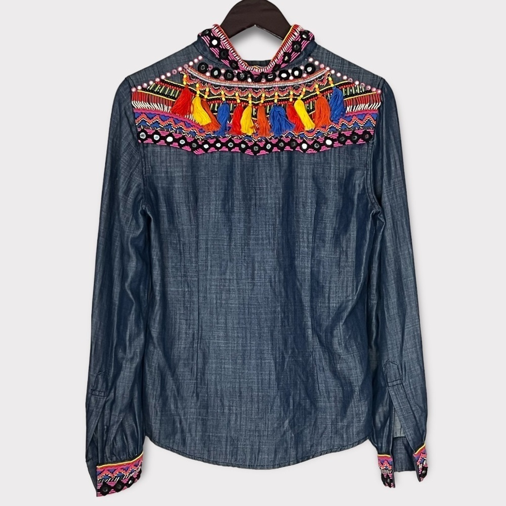 Camilla Denim Beaded Embroidered Tassel Angular Shoulder Seam Blouse‎ Sz S NEW